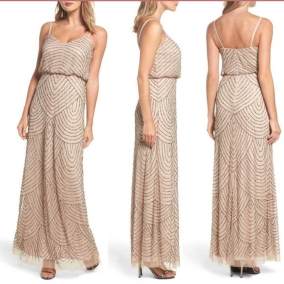 Adrianna Papell Beaded Chiffon Blouson Gown Taupe/Pink - Picture 3 of 6